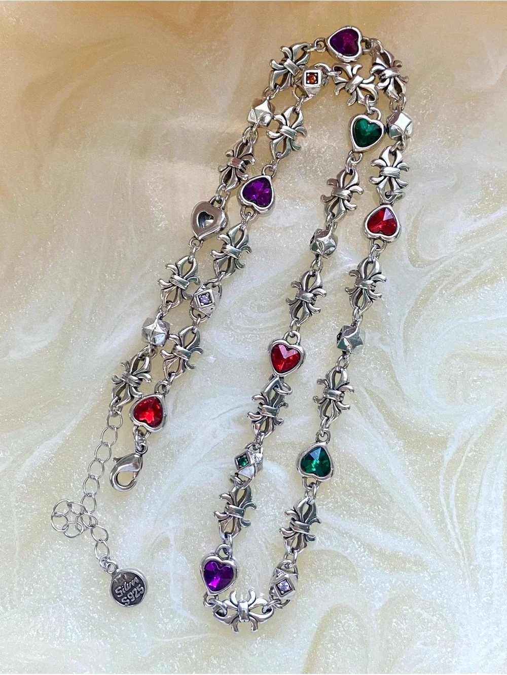 Sterling Silver Multicolor Heart Link Necklace - 925